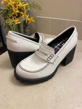 Dirty Laundry White Platform Loafer Heels with Black Block Heel